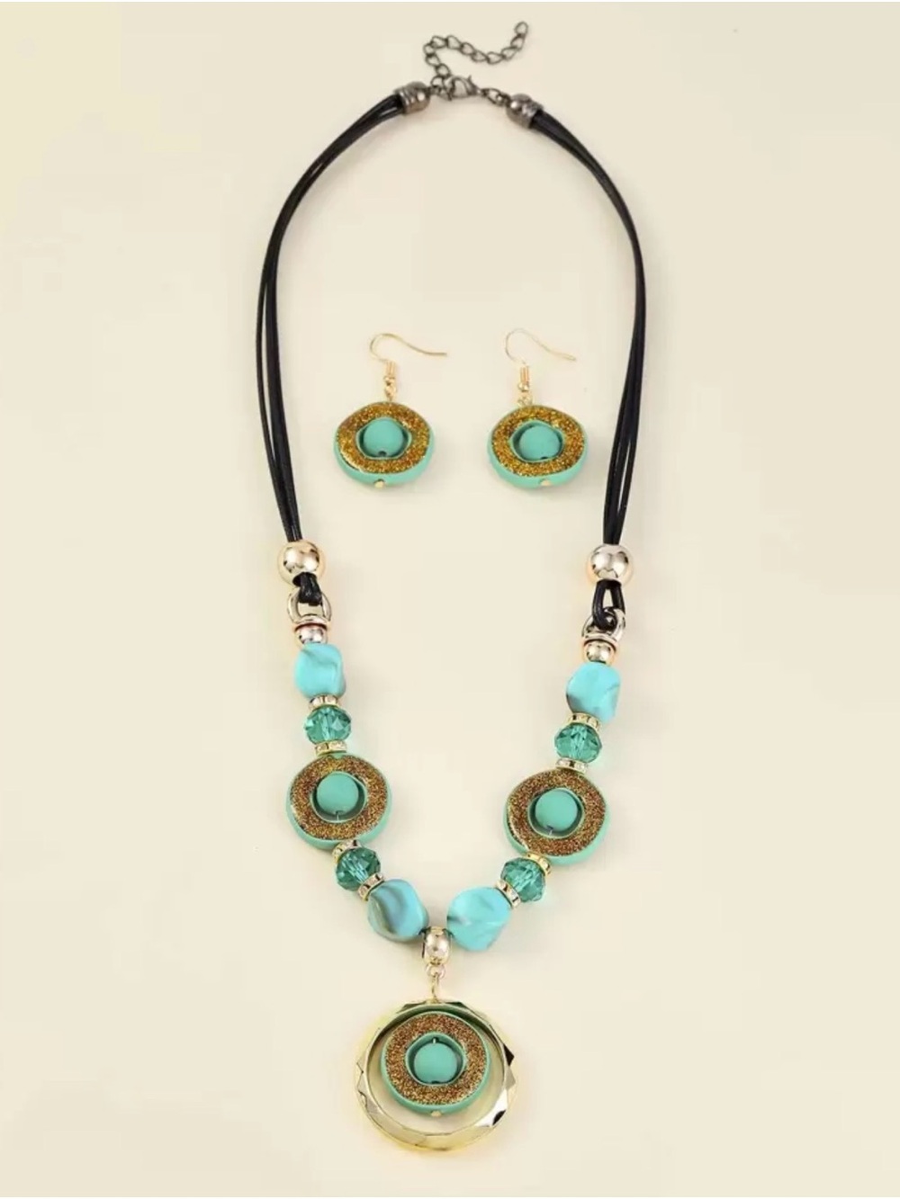 Turquoise & Gold Circle Pendant Necklace and Earring Set